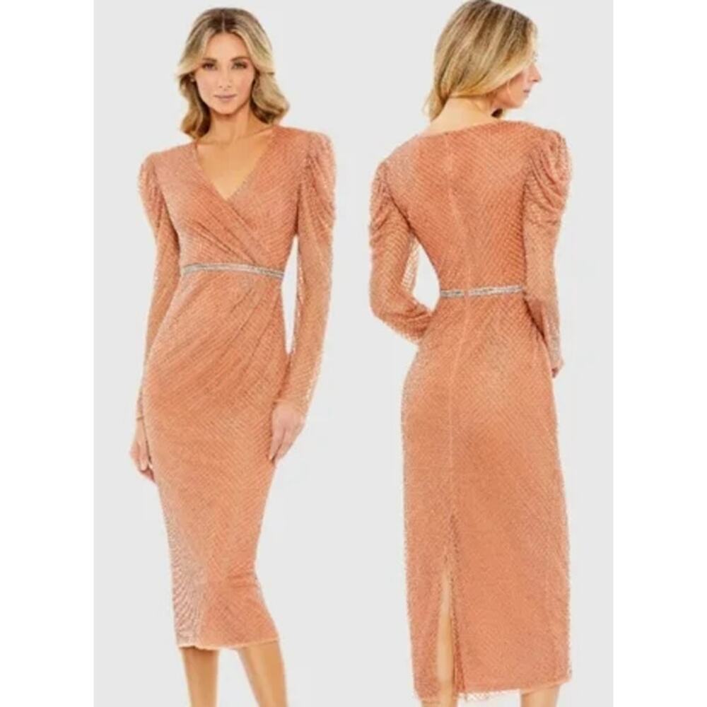 Mac Duggal 93674 Beaded Puff Sleeve Midi Wrap Over Dress Copper Women's 20 Nwt